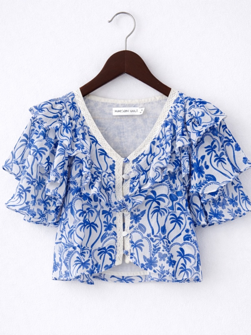 Avec Les Filles Blue White Ruffle Lace Trim Boho Blouse NWT XS